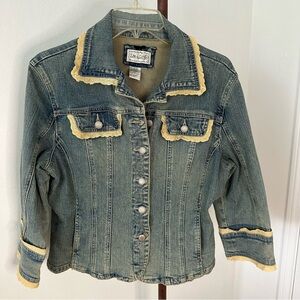 Live a Little 3/4 Sleeve Denim Jacket with Antiqued Lace Trim Size PM